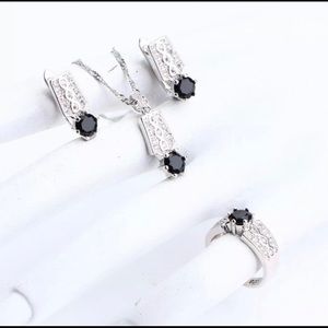 925 Sterling Silver jewelry, black zircon stone,Earring , Ring and Necklace